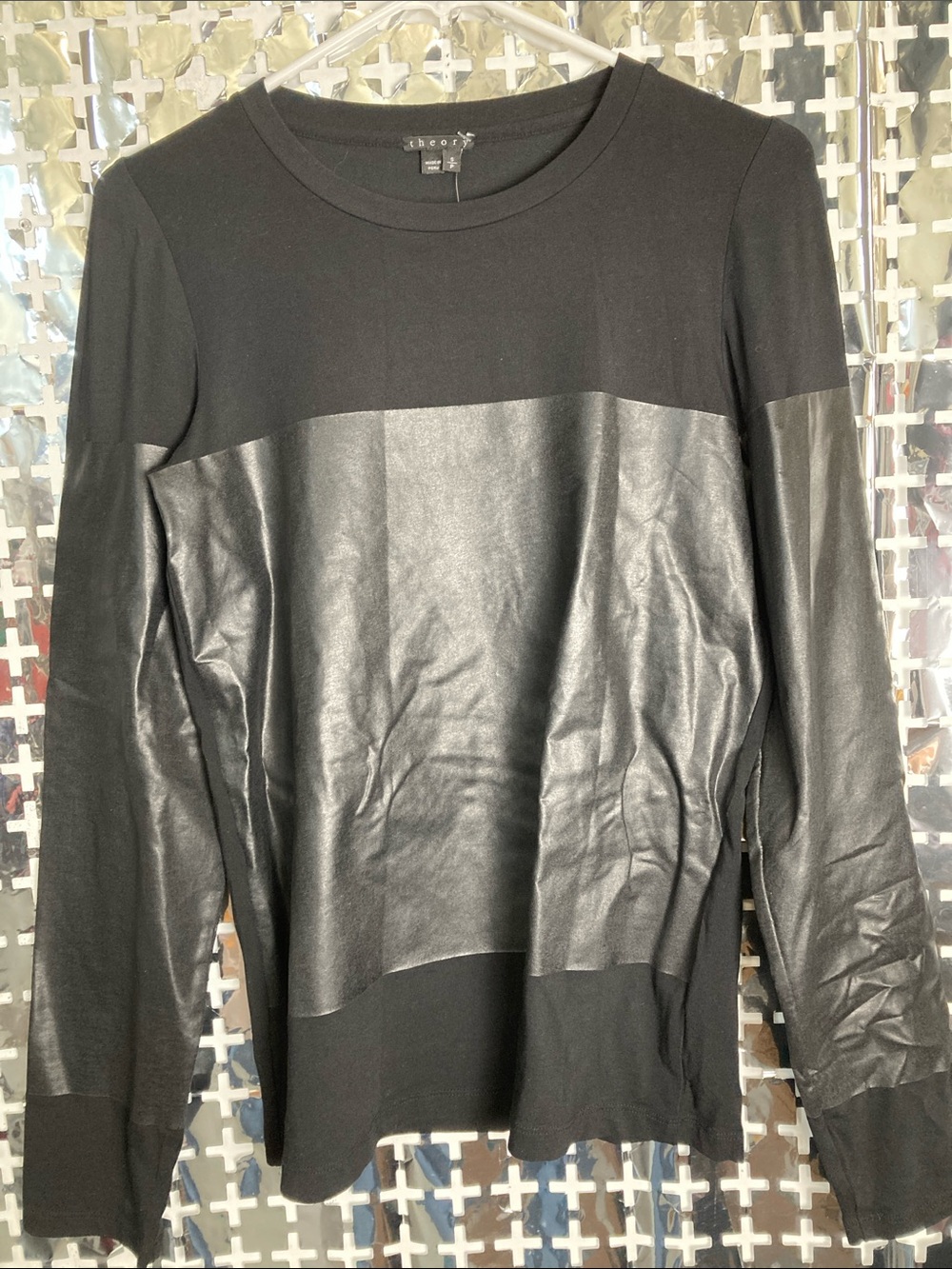 Theory Black Long Sleeve Shirt with Faux-Leather Front Panel